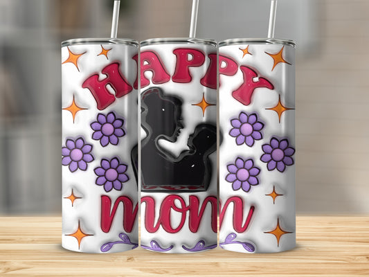 Happy Mom tumbler with mother and child silhouette and floral design.