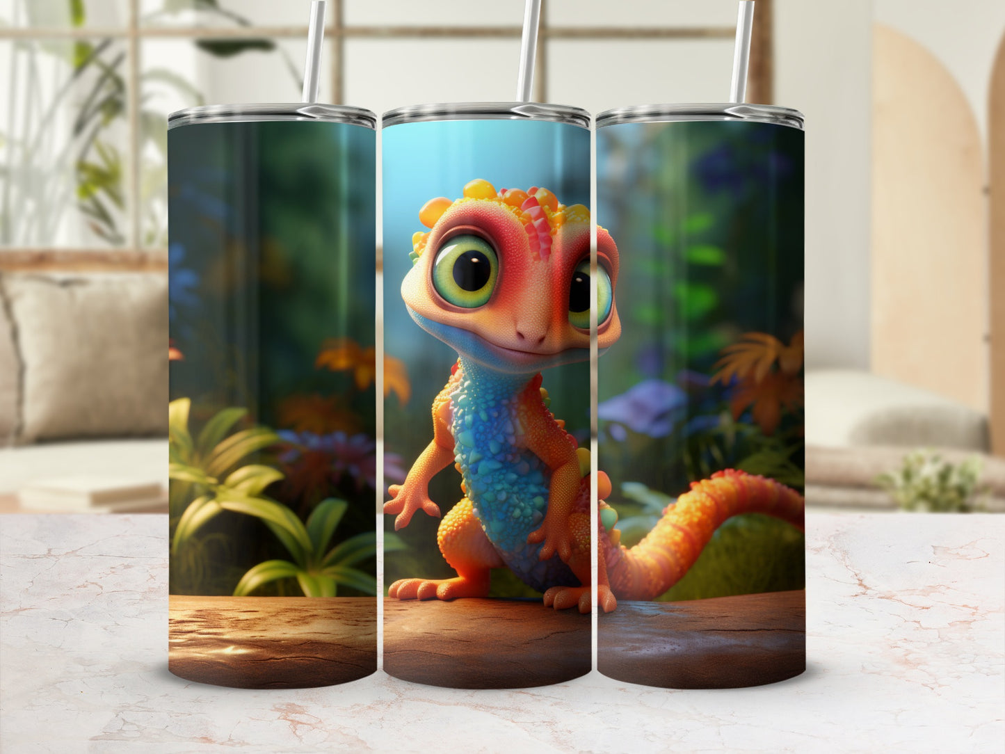 Colorful Lizard Design Tumbler Cup with Straw for Kids