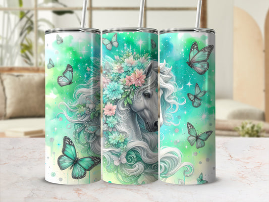 White horse with floral mane surrounded by teal butterflies on a gradient background.