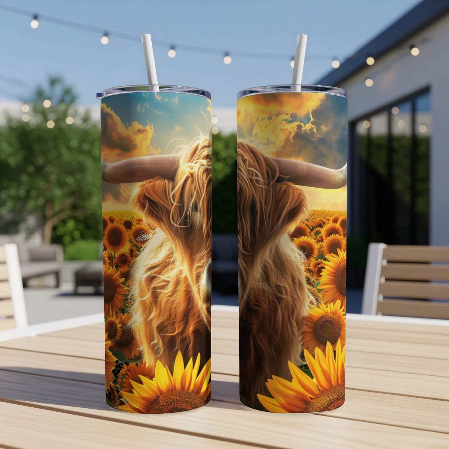 Highland cow and sunflowers on a skinny tumbler with straws.