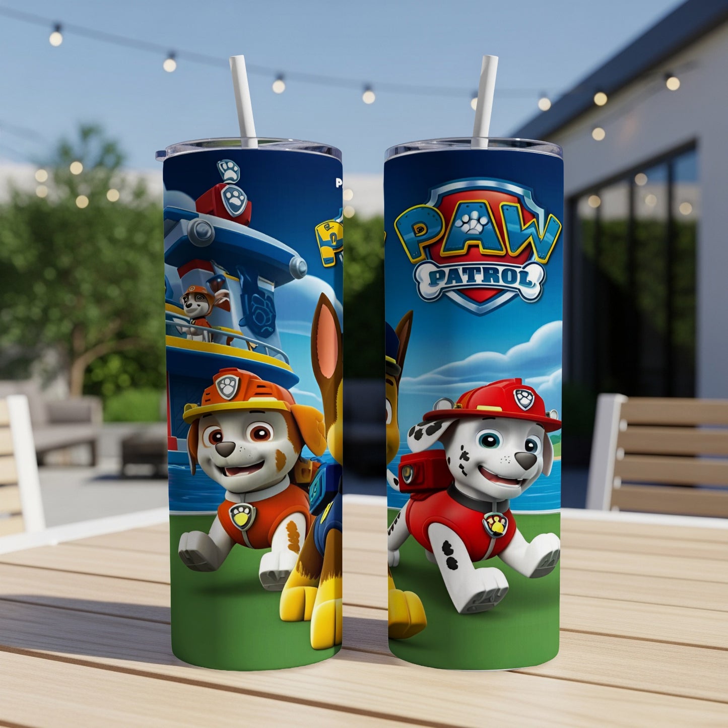 Paw Patrol characters Chase and Marshall on a blue and white tumbler.