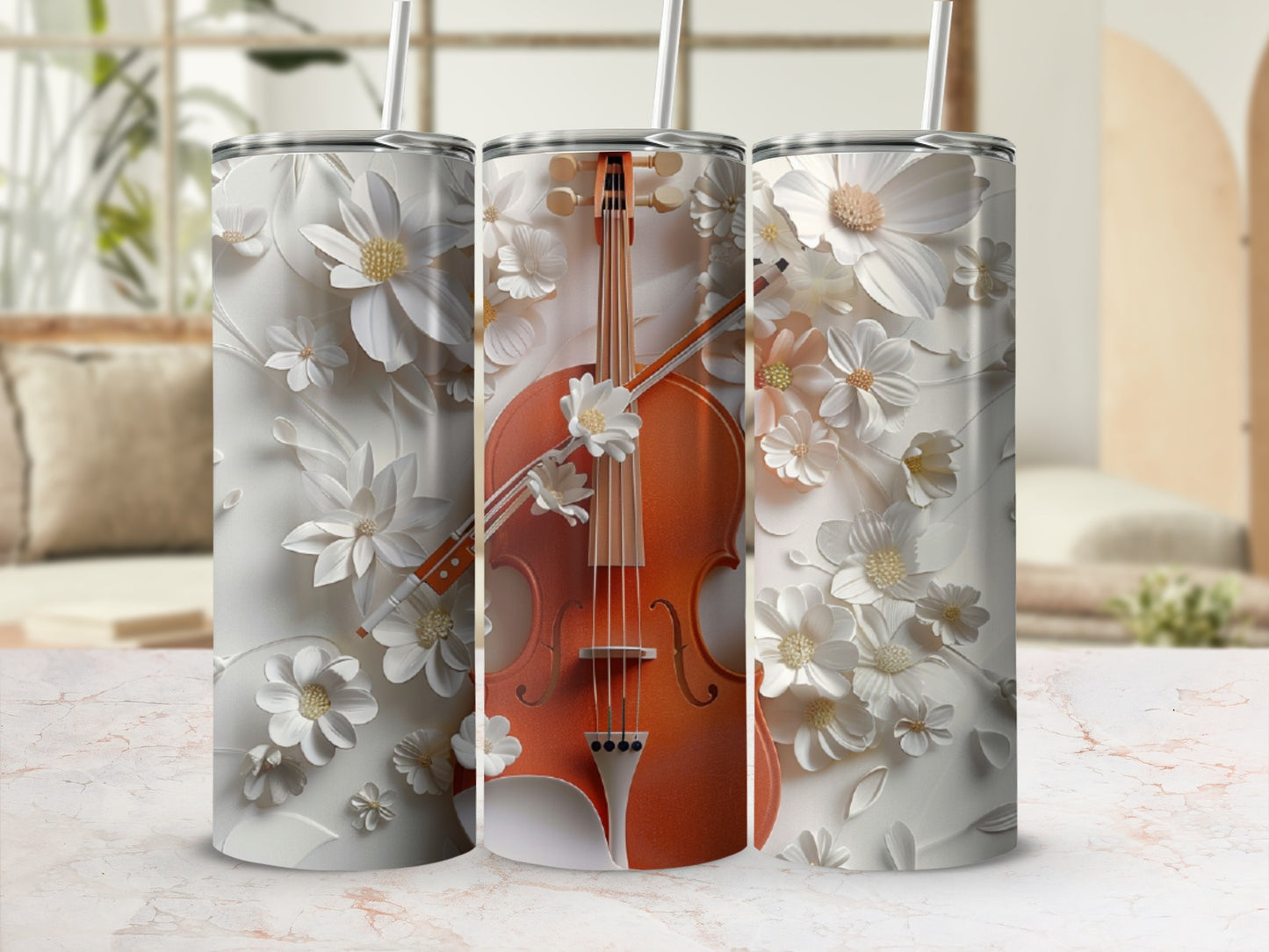Orange violin with white flowers on a patterned background.
