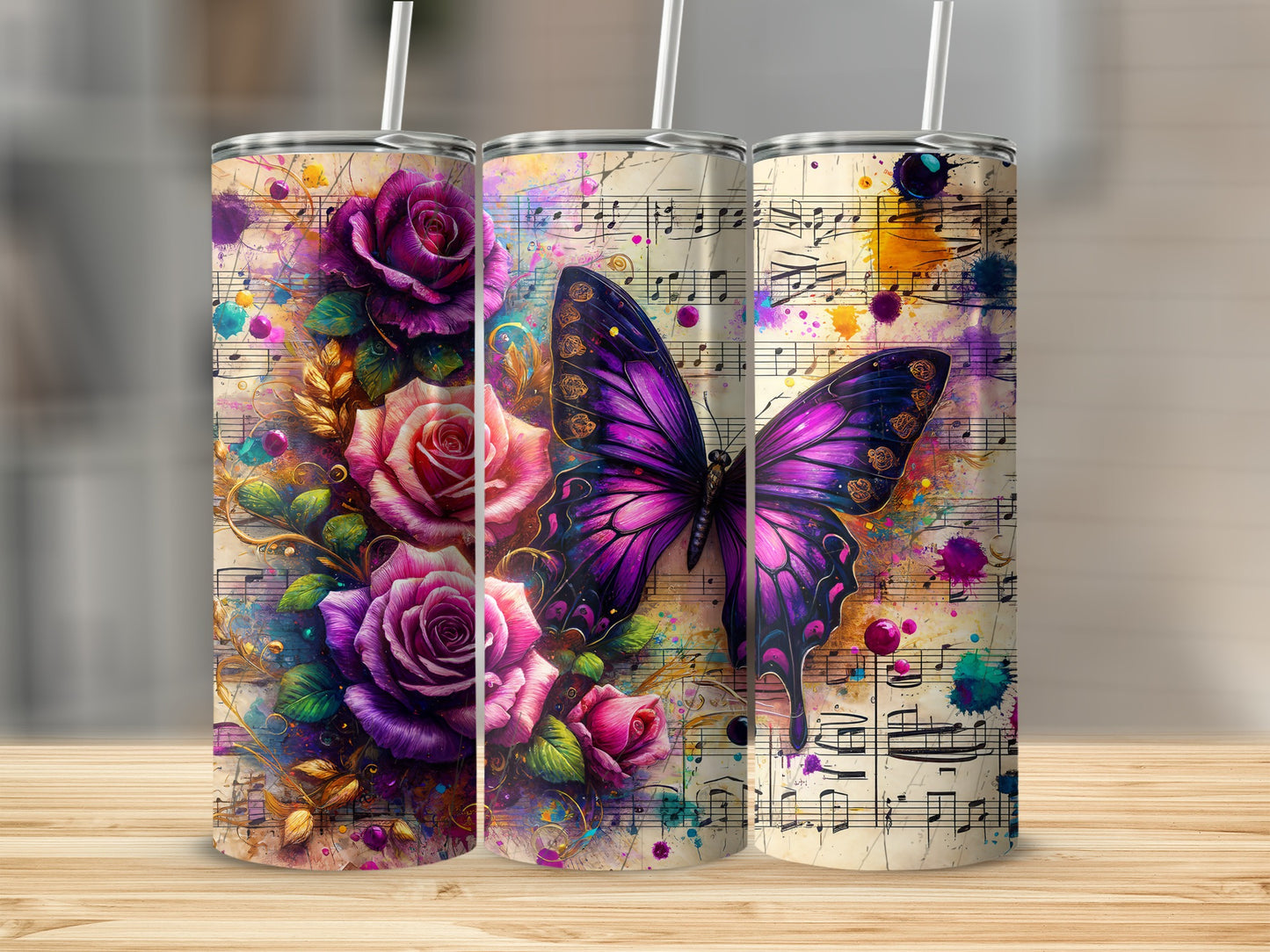 Vibrant Roses Butterfly Music Notes Colorful Splashes product type