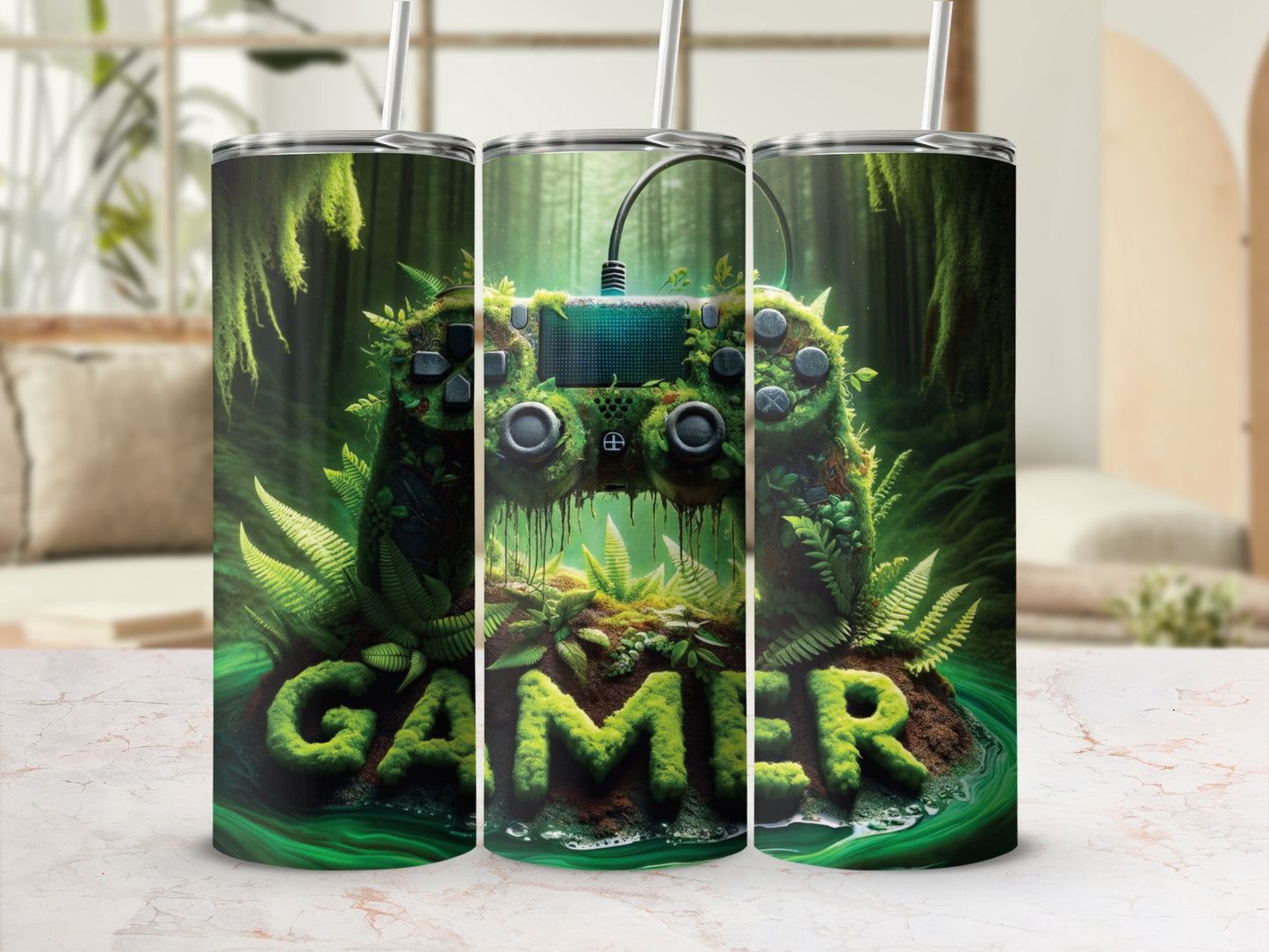 Moss-covered video game controller and "Gamer" text on island, jungle background.