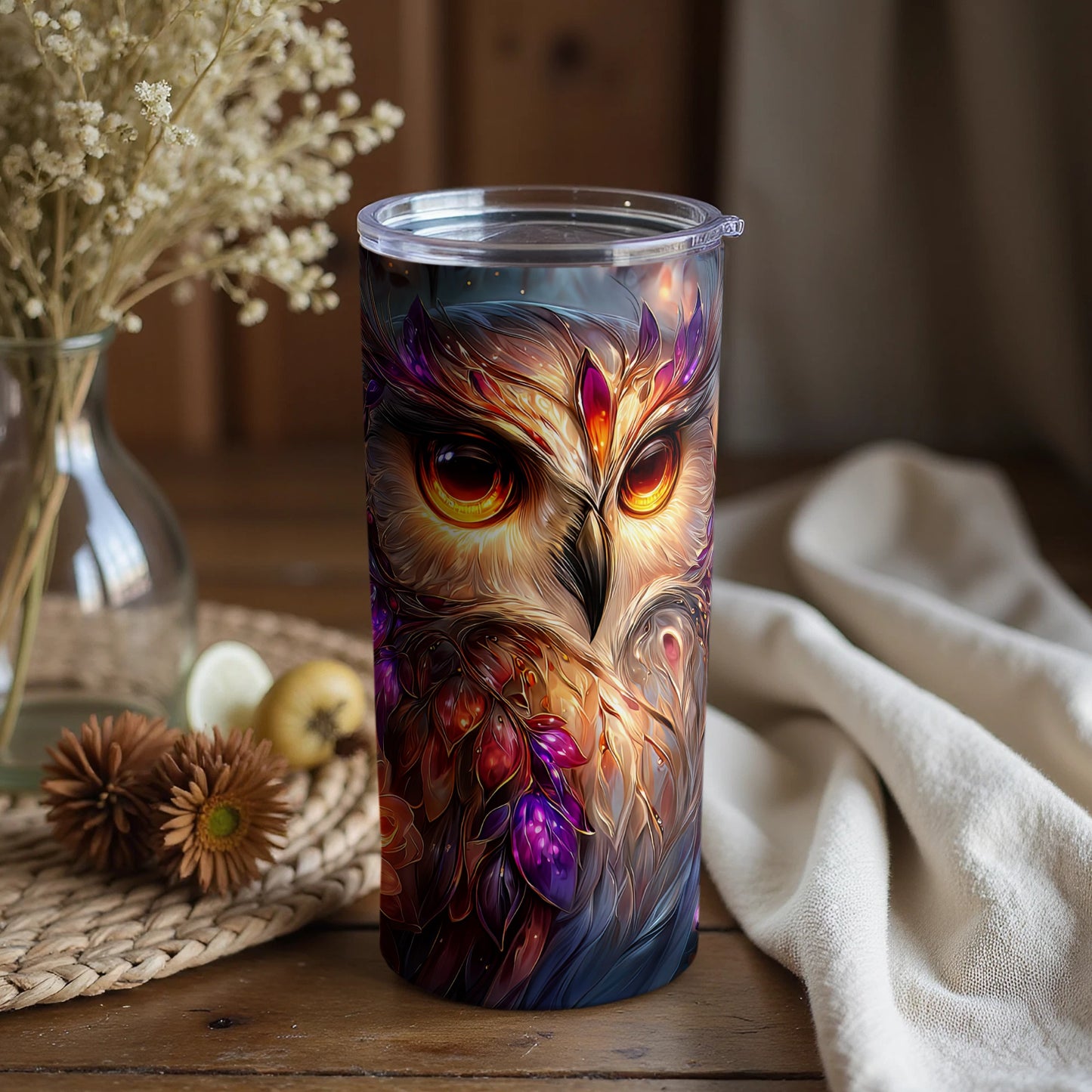 Vibrant Owl Themed Tumbler with Lid for Beverages