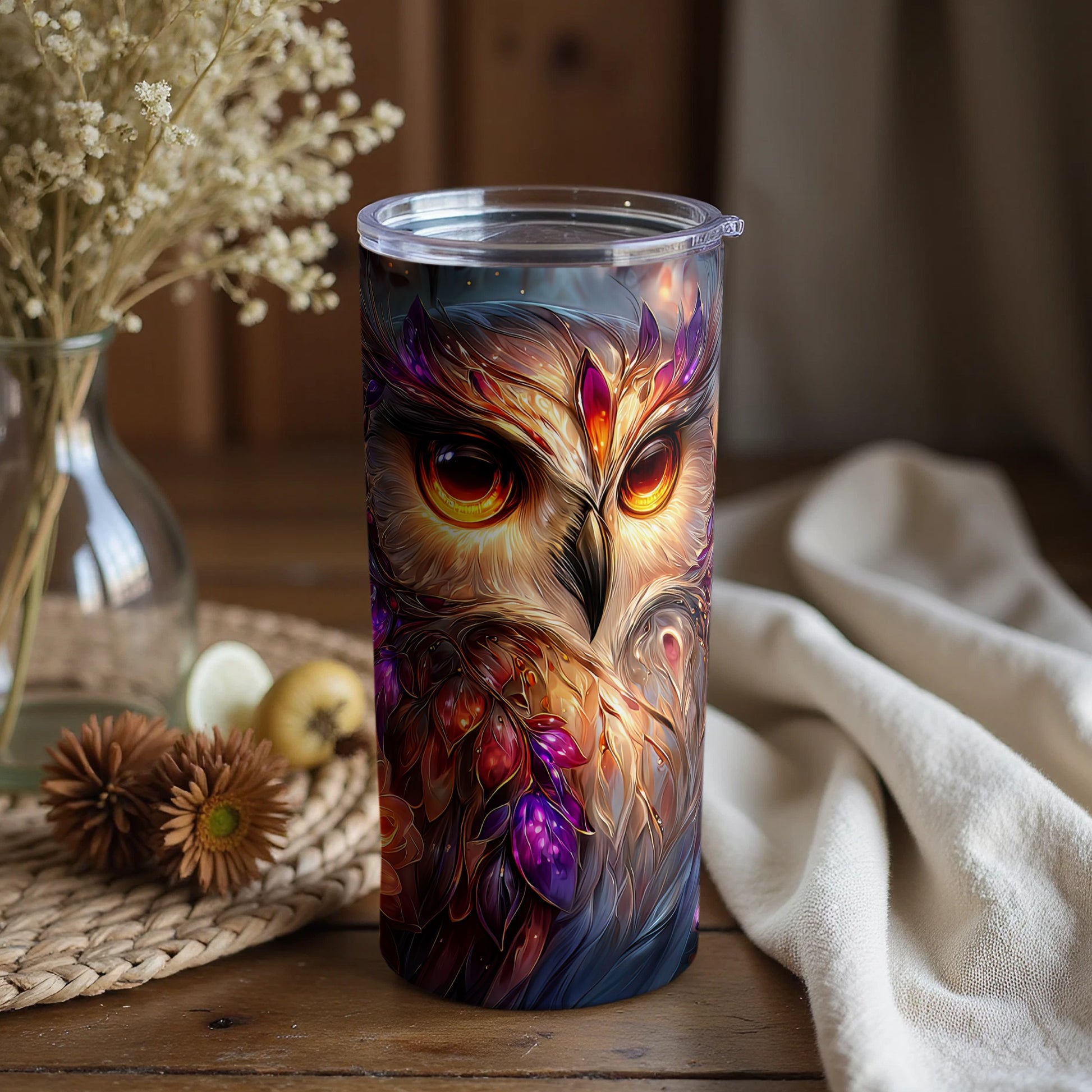 Vibrant Owl Themed Tumbler with Lid for Beverages