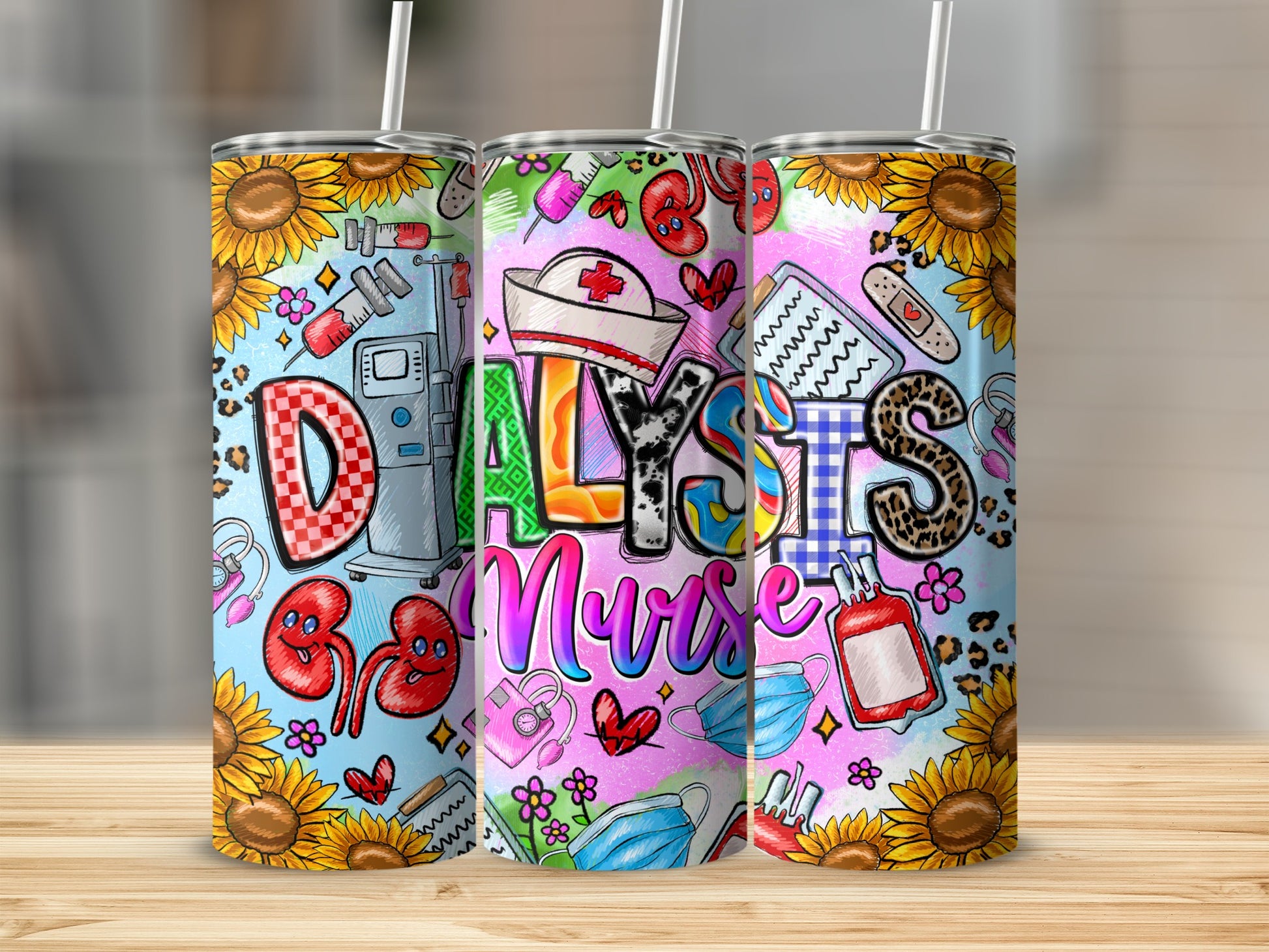 Dialysis Nurse tumbler with medical icons and sunflowers.