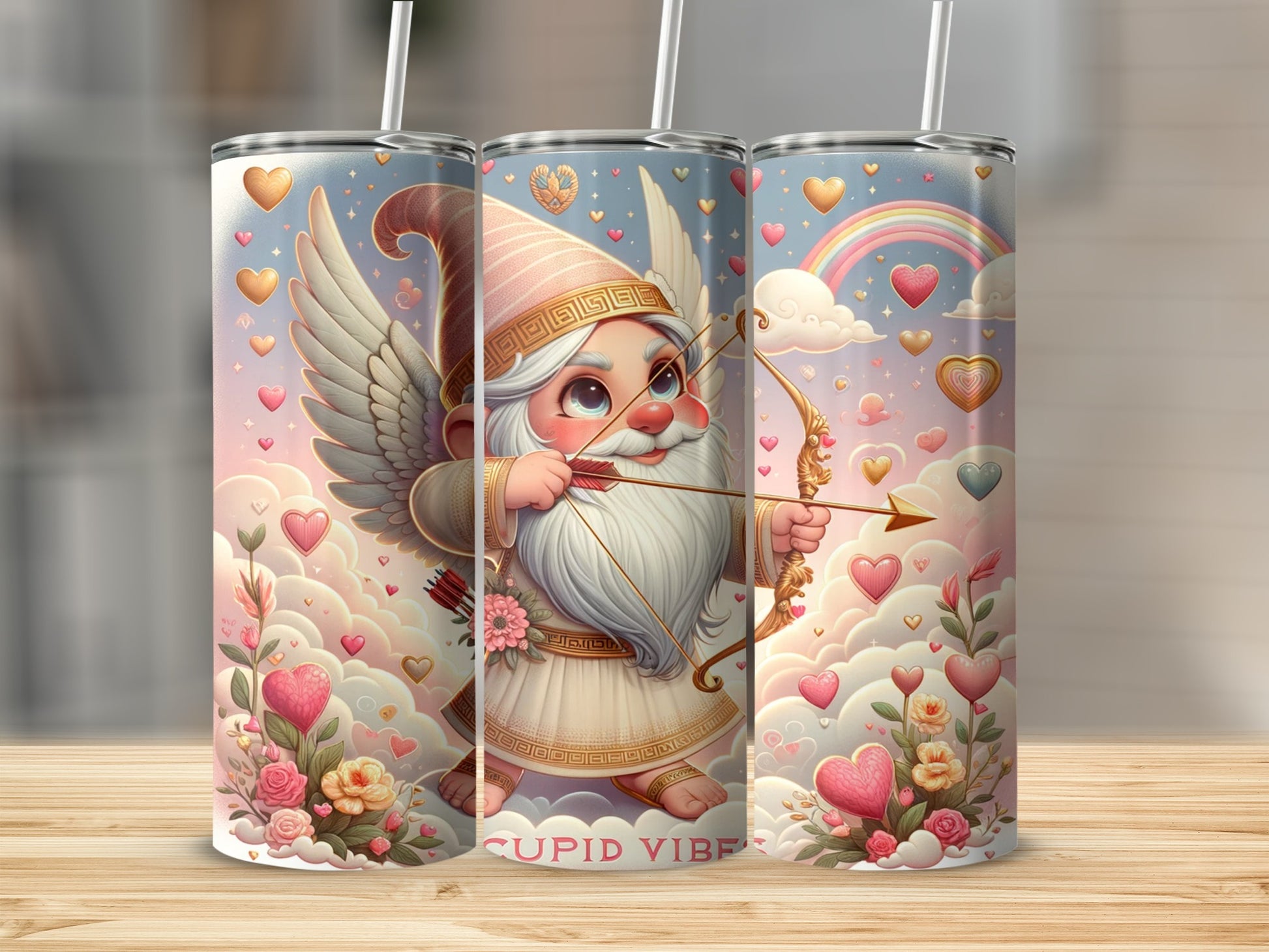 Cute Cupid Vibes Tumbler with Hearts and Rainbow Design
