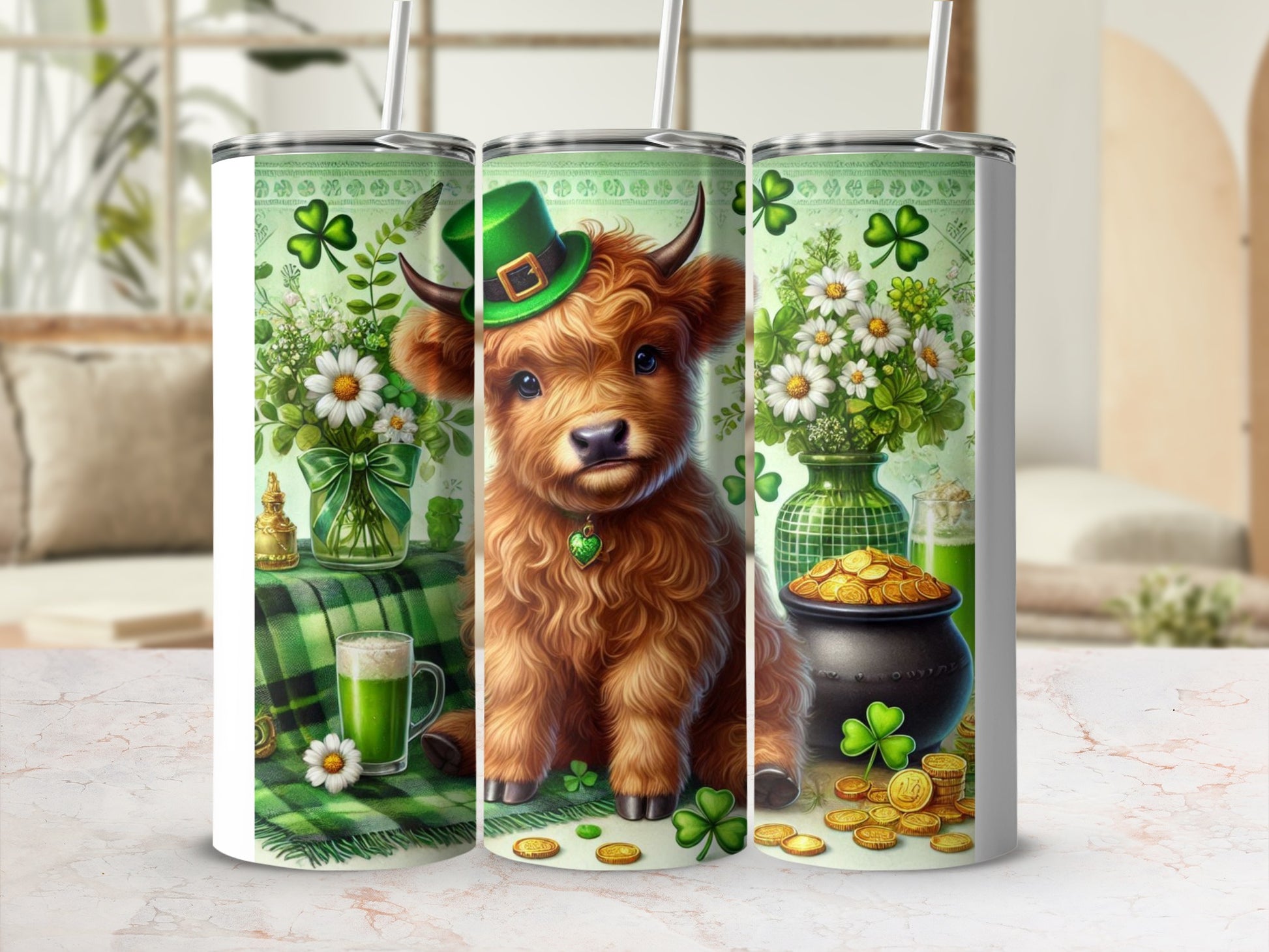Highland cow with a green hat and shamrocks on a tumbler.
