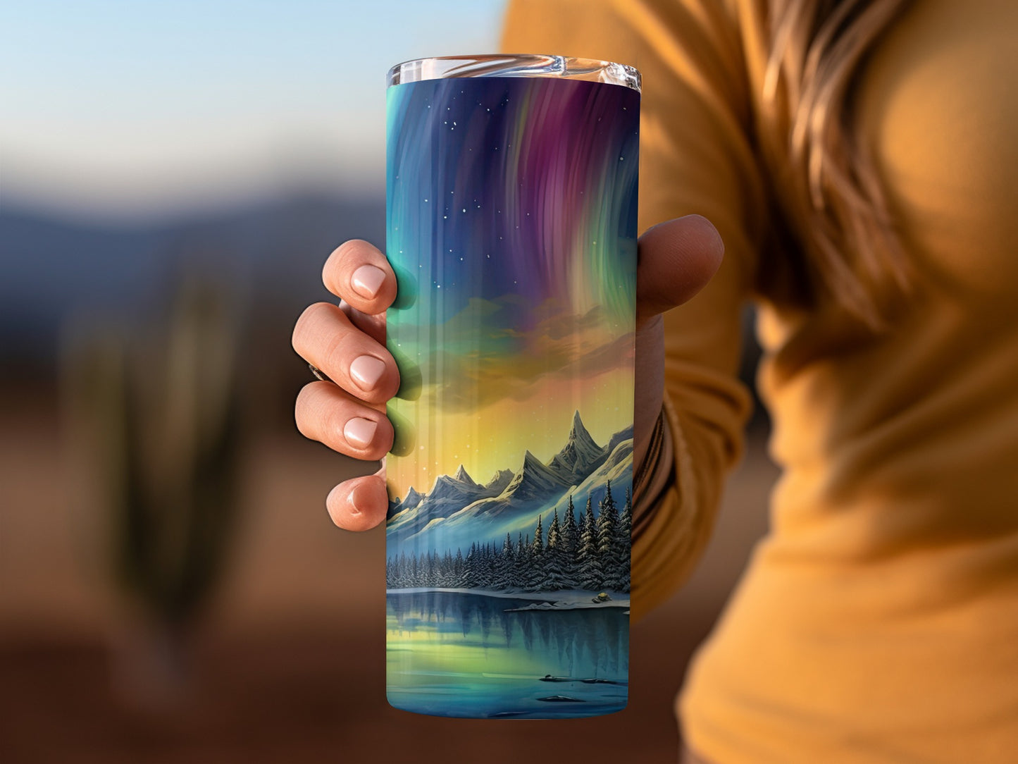 Northern Lights and Mountain Scene Tumbler Product