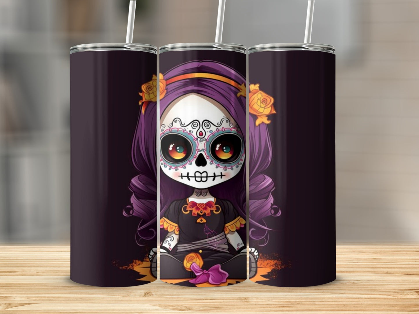 Three tumblers featuring a Day of the Dead girl with purple hair and colorful skull makeup.