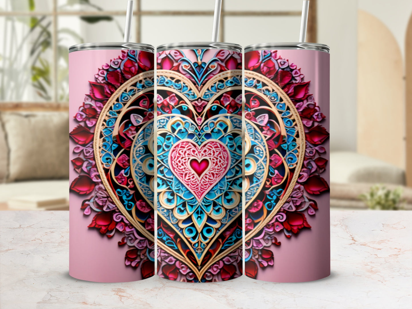 Pink tumbler with intricate floral heart mandala design and straw.