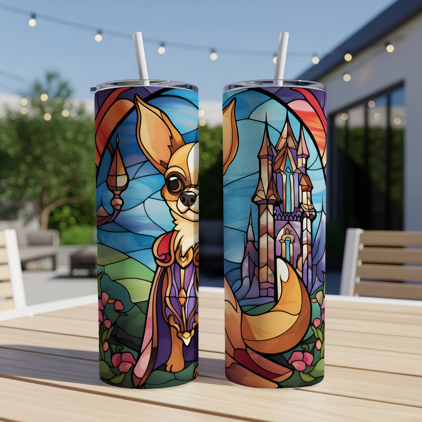 Two tumblers with stained-glass design featuring a chihuahua and a castle.