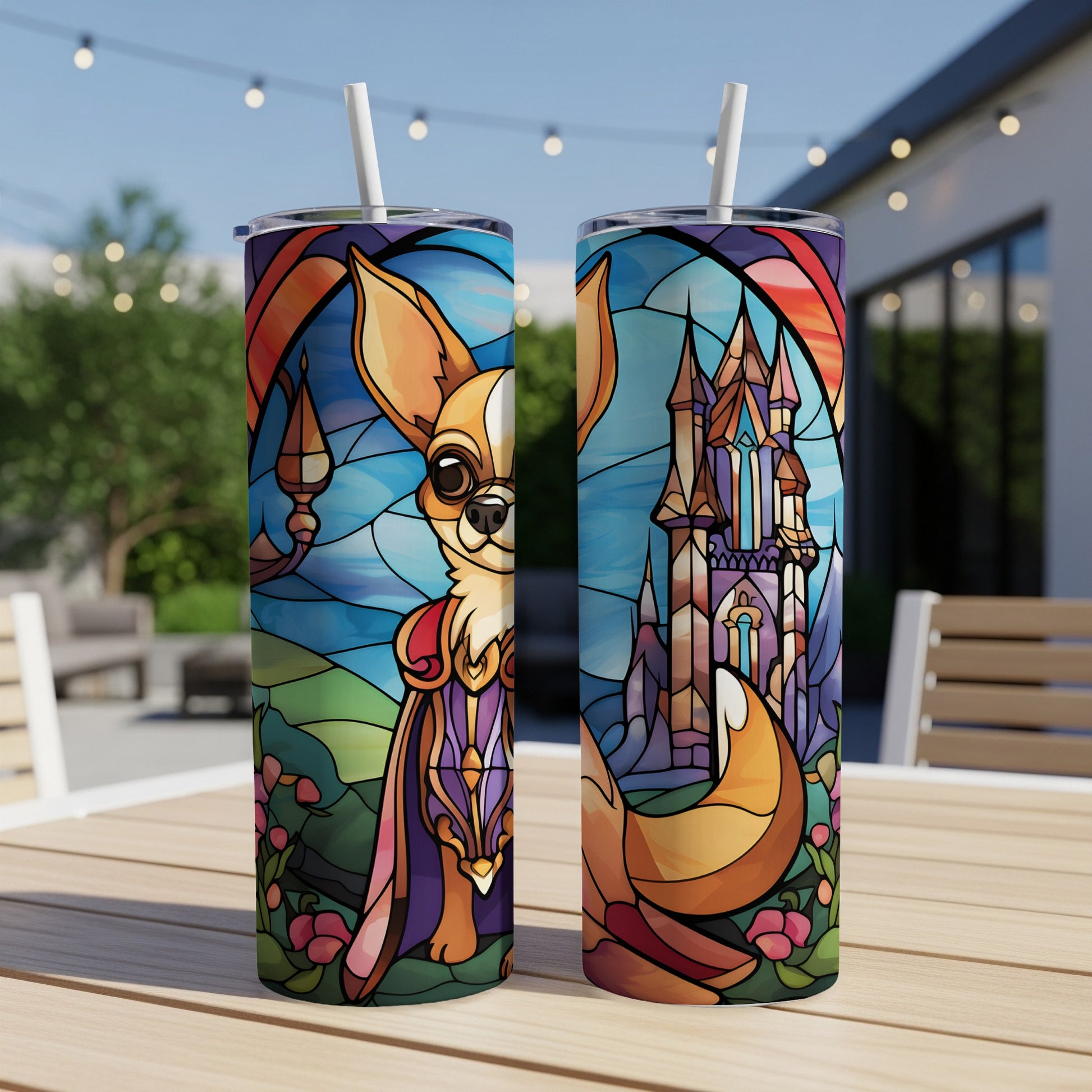 Two tumblers with stained-glass design featuring a chihuahua and a castle.