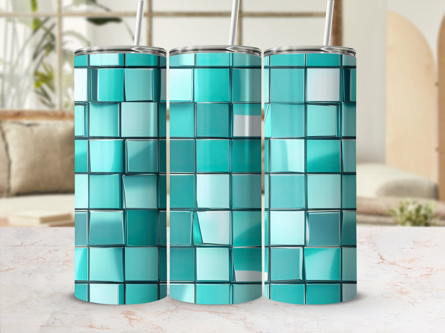 Teal Reflection Cubes Pattern Decorative Design Tumblers