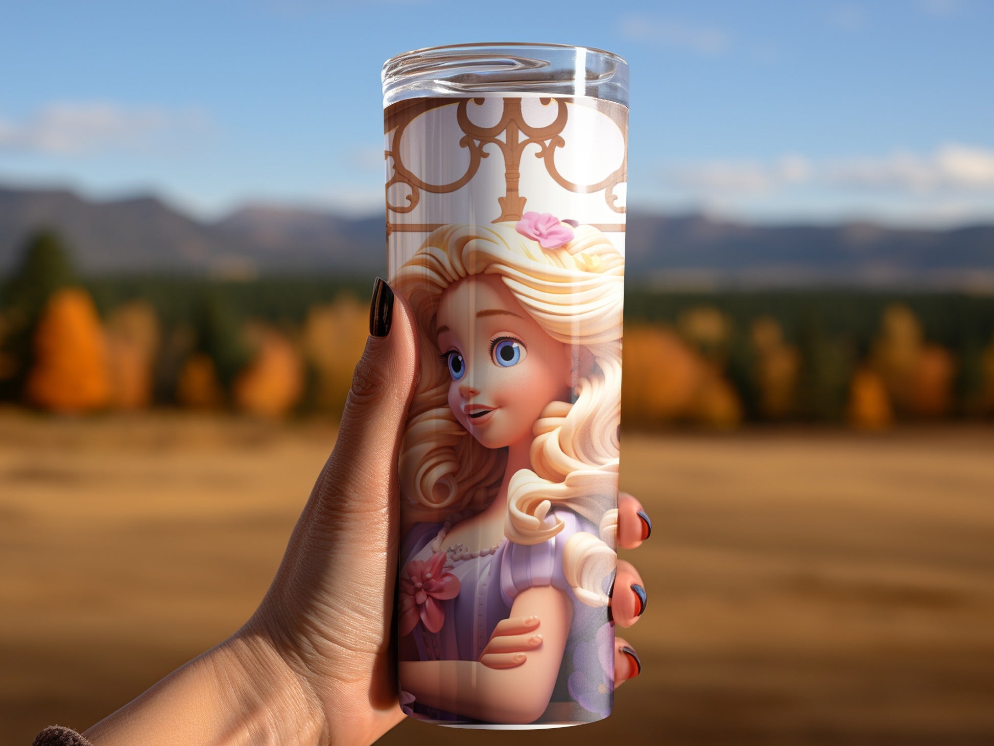Beautiful Princess Design Tumbler with Scenic Background