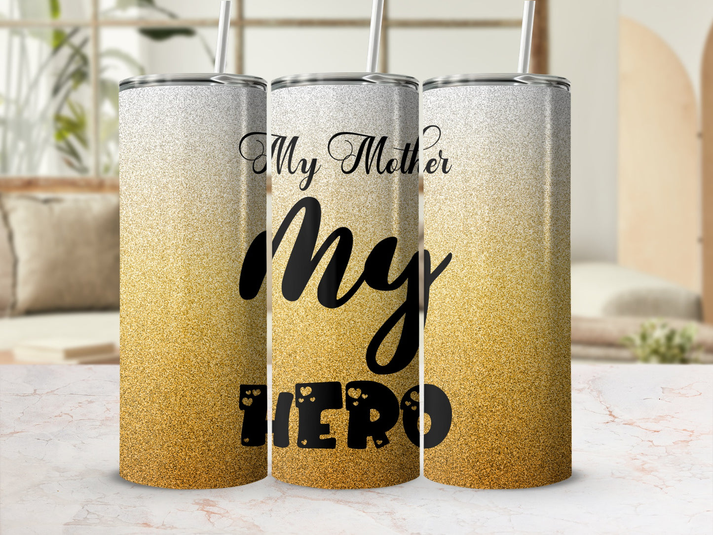 Three glitter-covered tumblers with "My Mother My Hero" text.