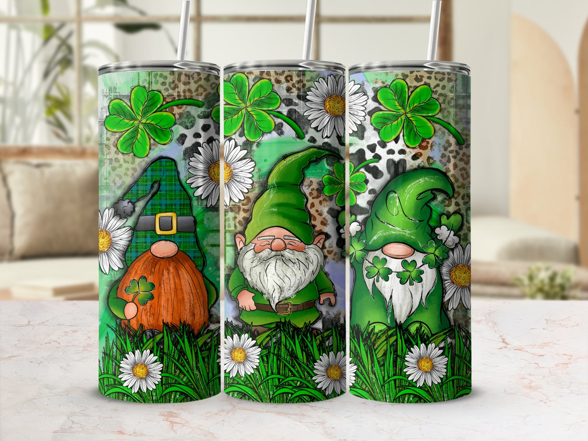 Three gnomes with shamrocks and daisies on a patterned background.