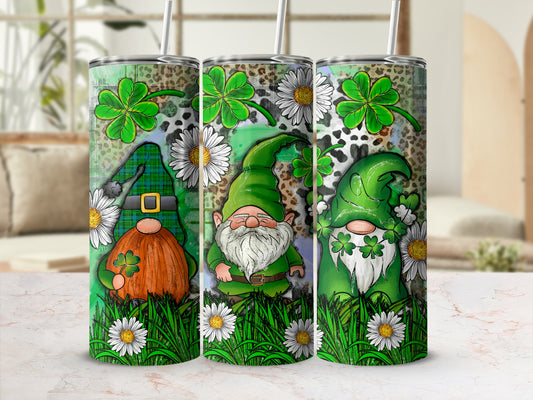 Three gnomes with shamrocks and daisies on a patterned background.