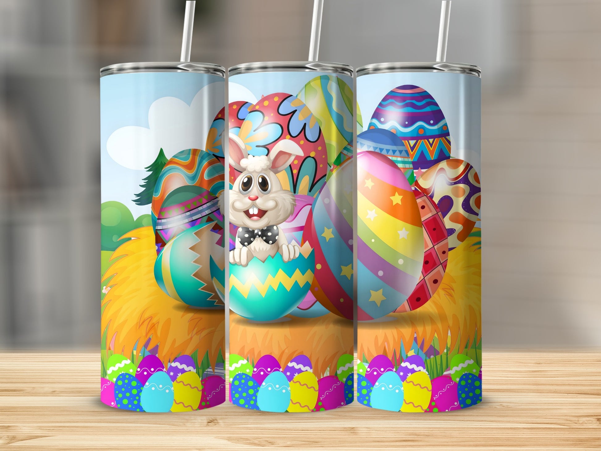 Colorful Easter Bunny and Eggs Design Tumbler Cup
