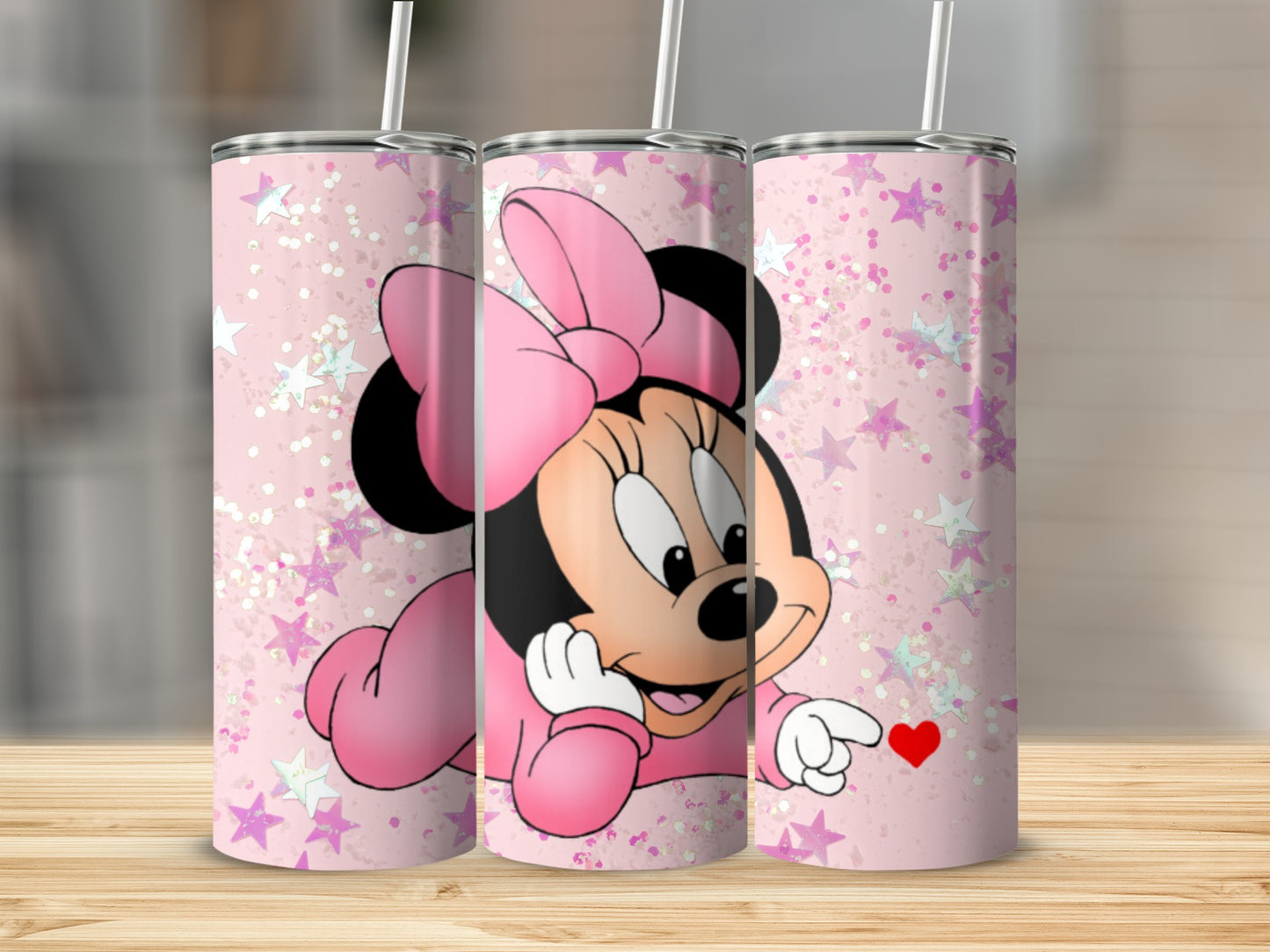Pink Minnie Mouse Tumbler with Heart and Stars Design