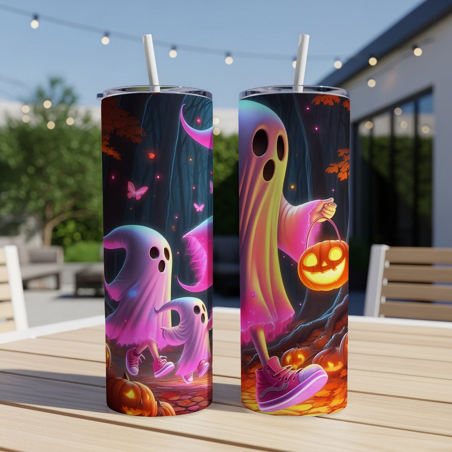 Two tumblers featuring neon ghosts, pumpkins, and butterflies on a Halloween theme.