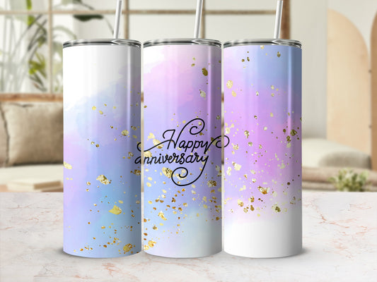 Three tumblers with watercolor and gold splatter design, reading "Happy Anniversary".