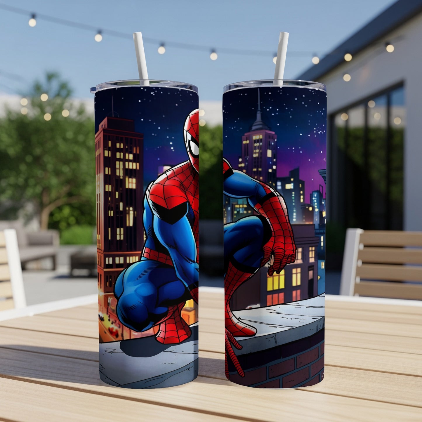 Spiderman crouches on a brick ledge with a city skyline at night in the background.