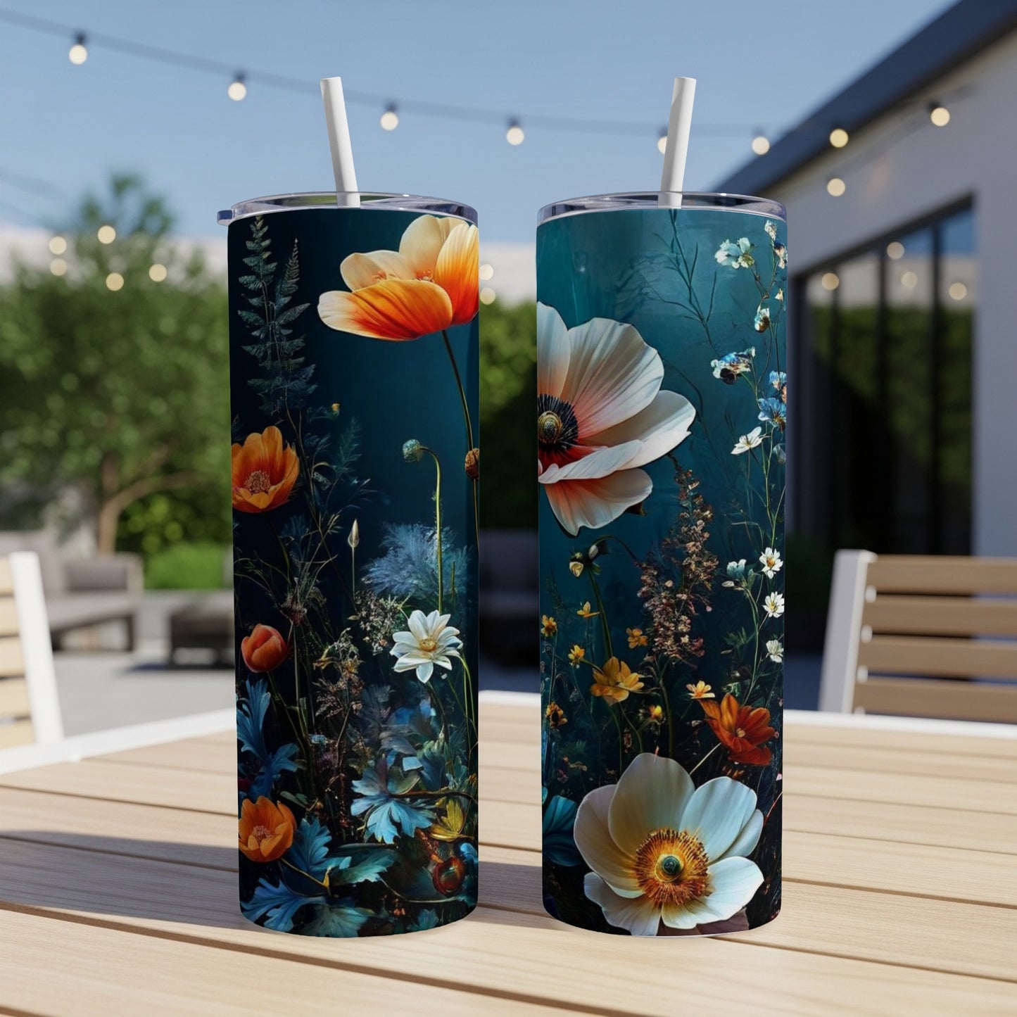 Two tumblers with floral designs displayed on a wooden table outdoors.