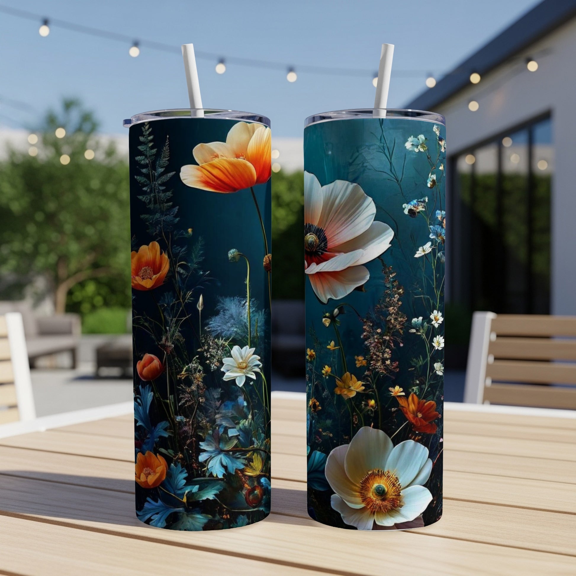 Two tumblers with floral designs displayed on a wooden table outdoors.