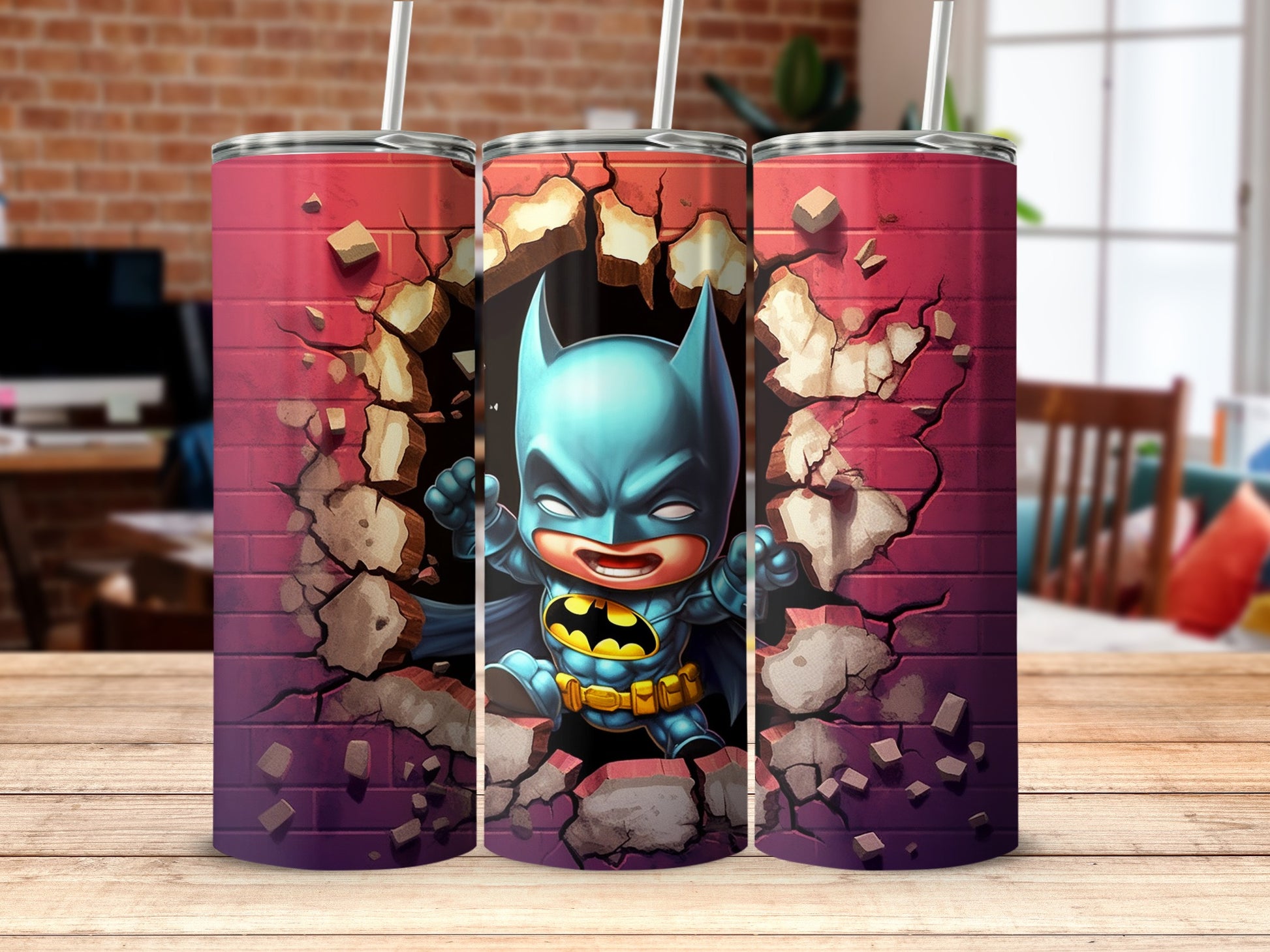 Adorable Mini Superhero Crashing Through Wall Tumbler