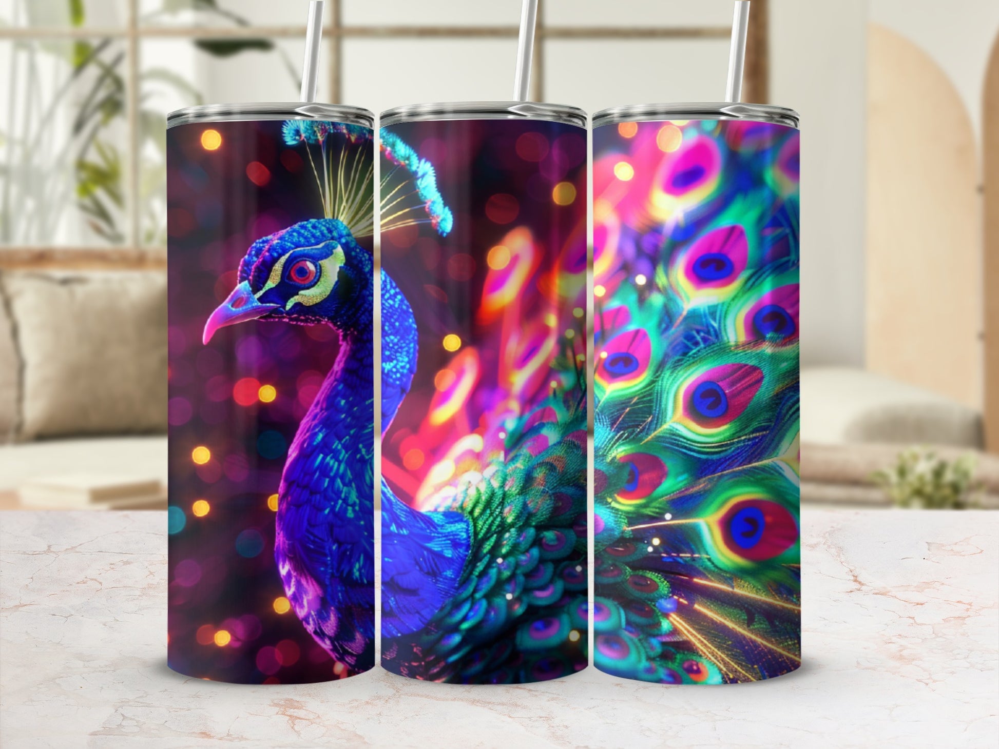 Triptych featuring a detailed peacock with vibrant iridescent feathers.