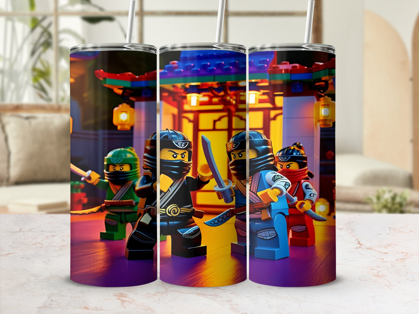 Three Ninjago characters with swords stand in front of a Japanese-style building.