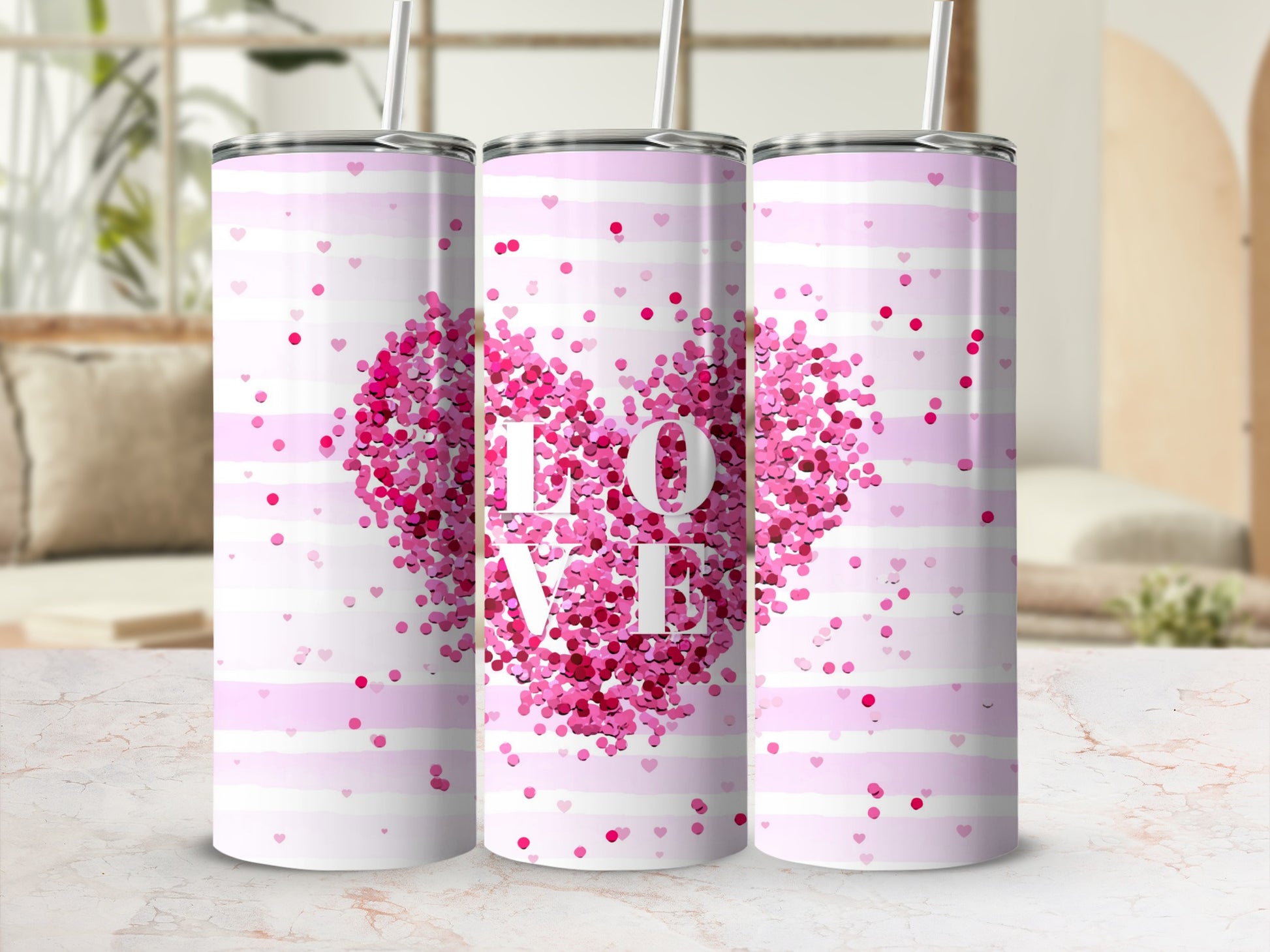 Pink Heart and LOVE Design Tumbler for Valentine Gifts