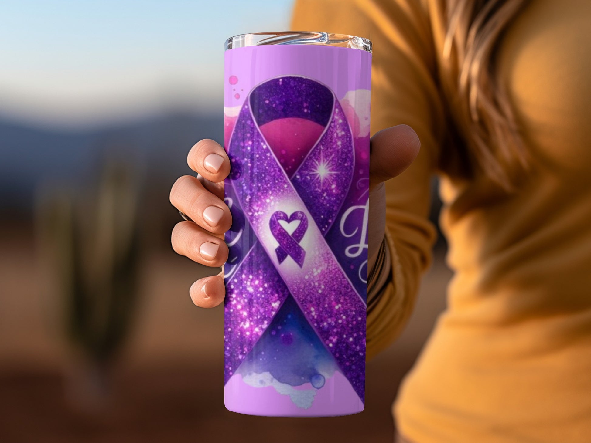 Purple Ribbon and Galaxy Design Tumbler Cup