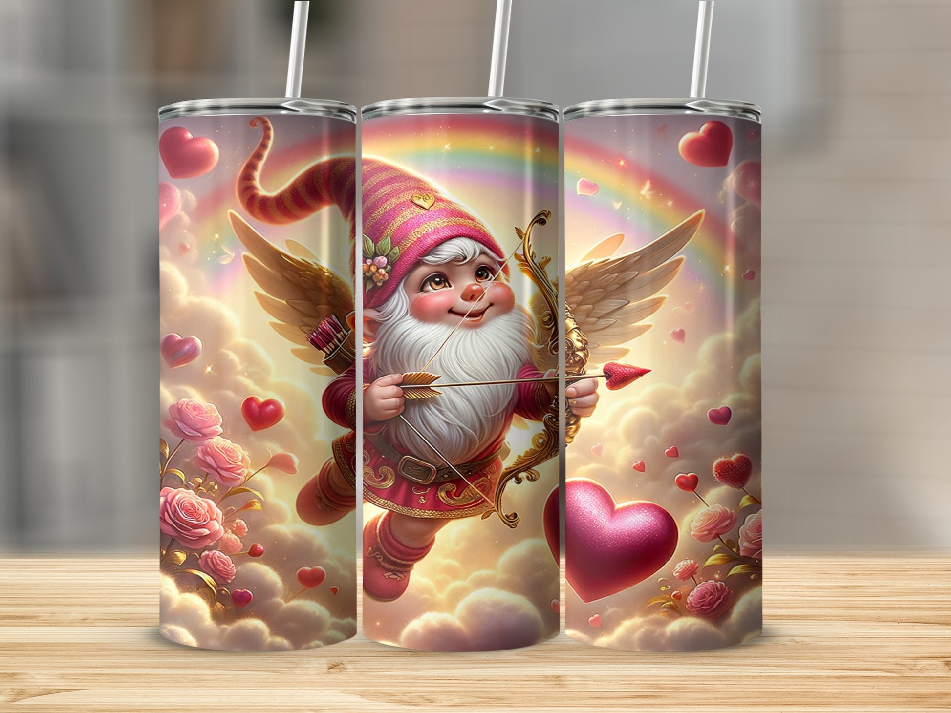 Cute Cupid Character with Hearts and Rainbows tumbler