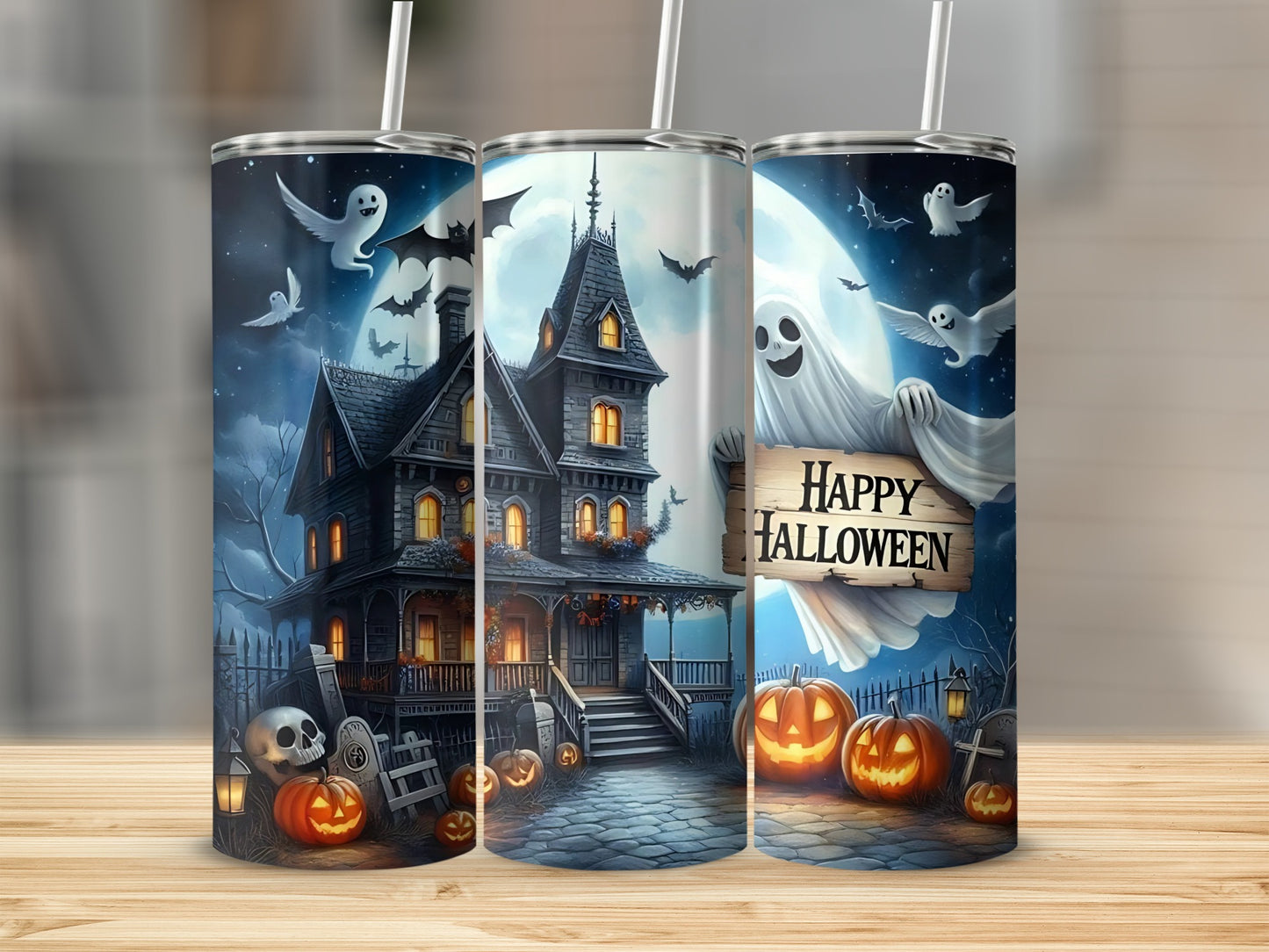 Halloween scene with haunted house, ghosts, pumpkins, and "Happy Halloween" sign.