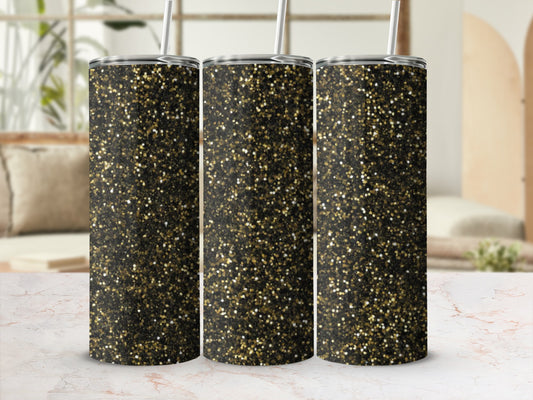 Three glitter tumblers with gold and black sparkles displayed on a marbled surface.