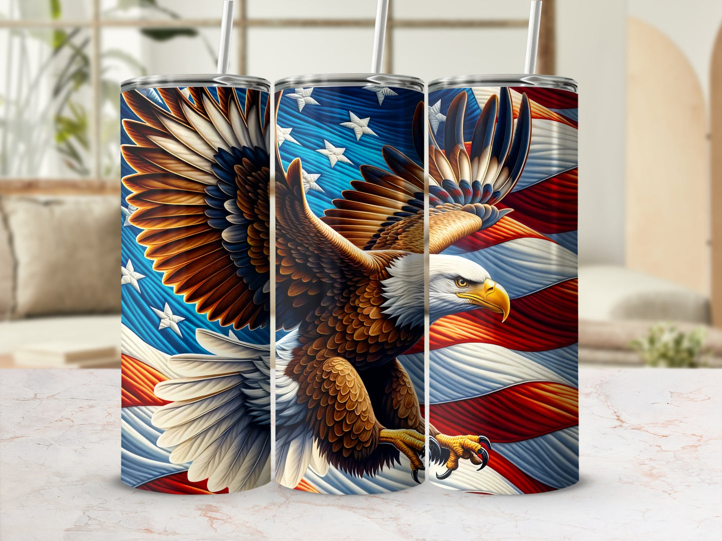 Eagle soaring over American flag design on a tumbler.