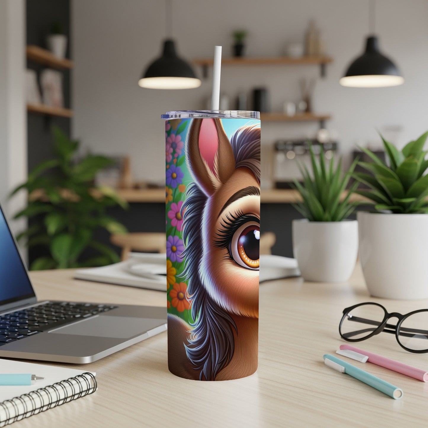 Close-up of a horse's eye on a tumbler with colorful flowers and a floral pattern.