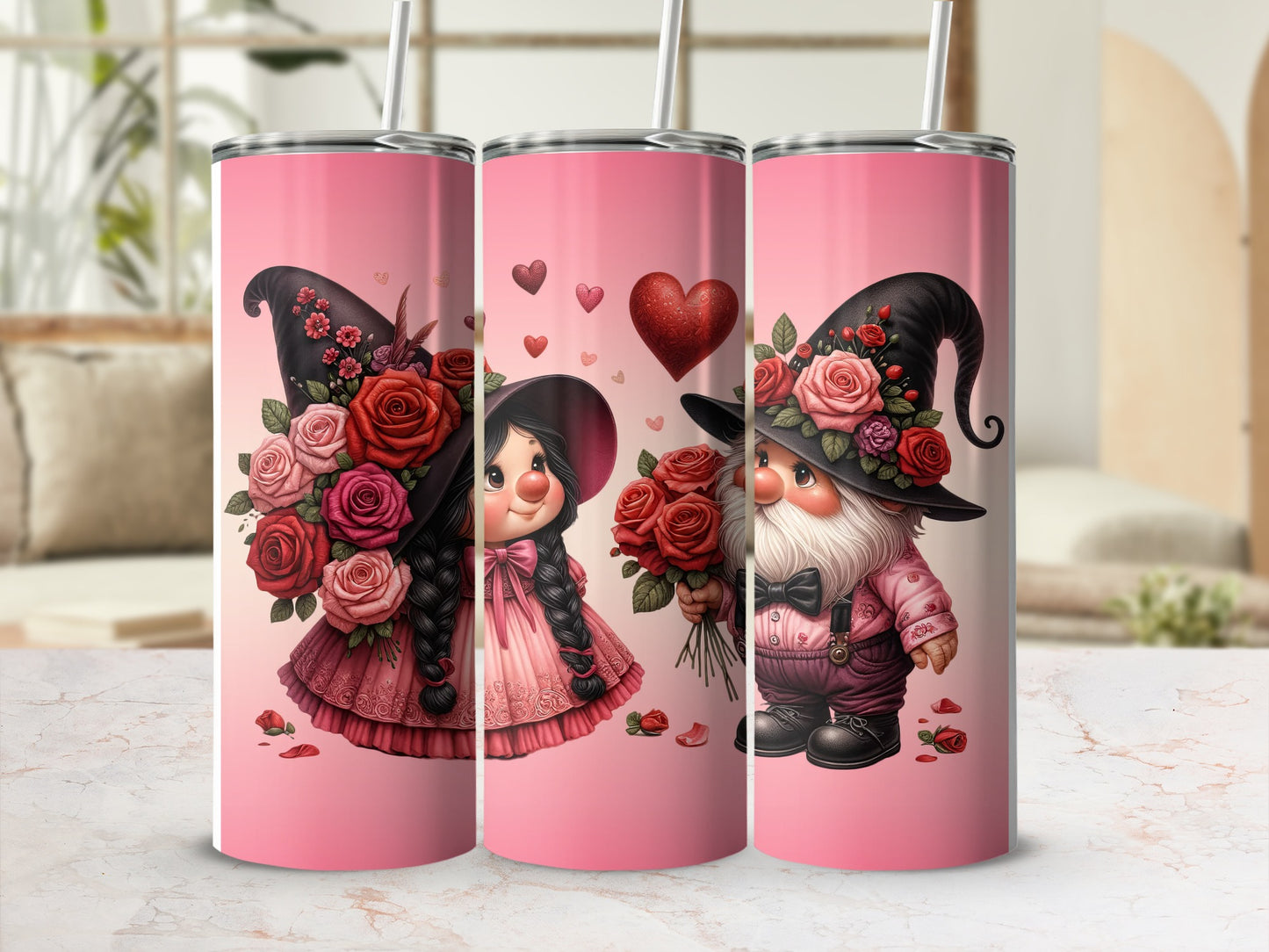 Gnome and girl holding roses, Valentine's Day design on pink tumblers.