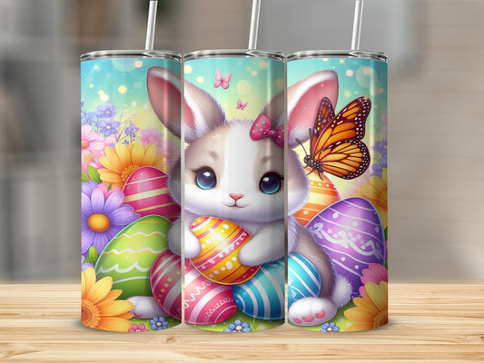 Easter bunny with colorful eggs and butterflies in a floral garden.