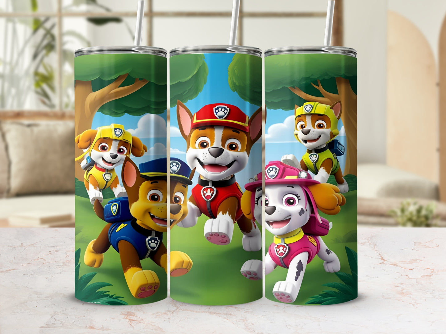 Paw Patrol characters Chase, Marshall, and Skye running across a grassy field.