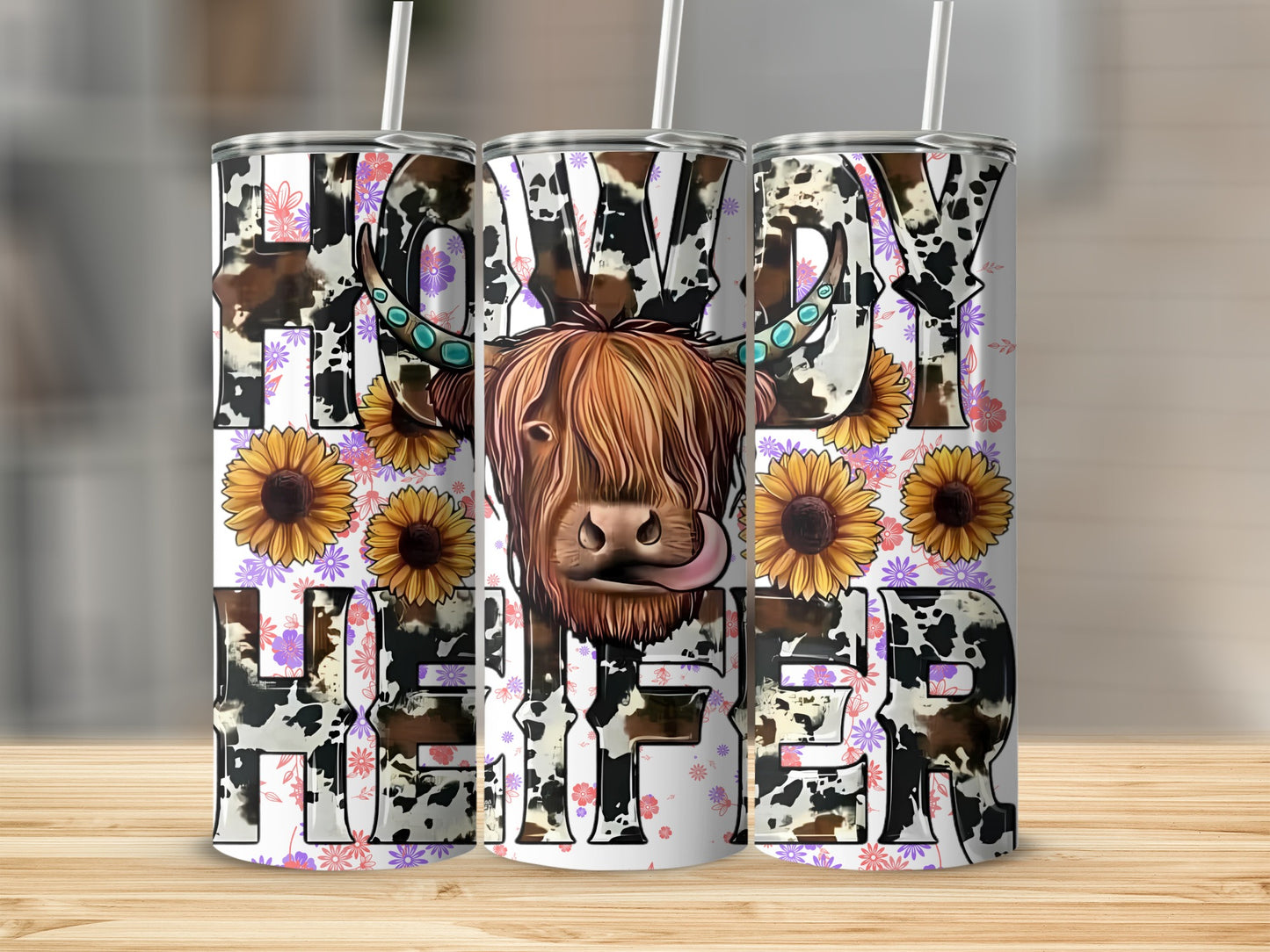 Howdy Heifer Cow Pattern Floral Sunflower Tumbler