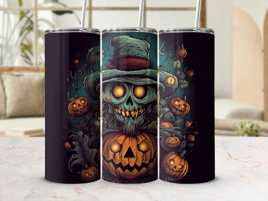 Three tumblers with a spooky Halloween design featuring a grinning skull and pumpkins.