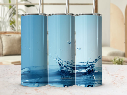 Three tumblers featuring a blue water splash design.
