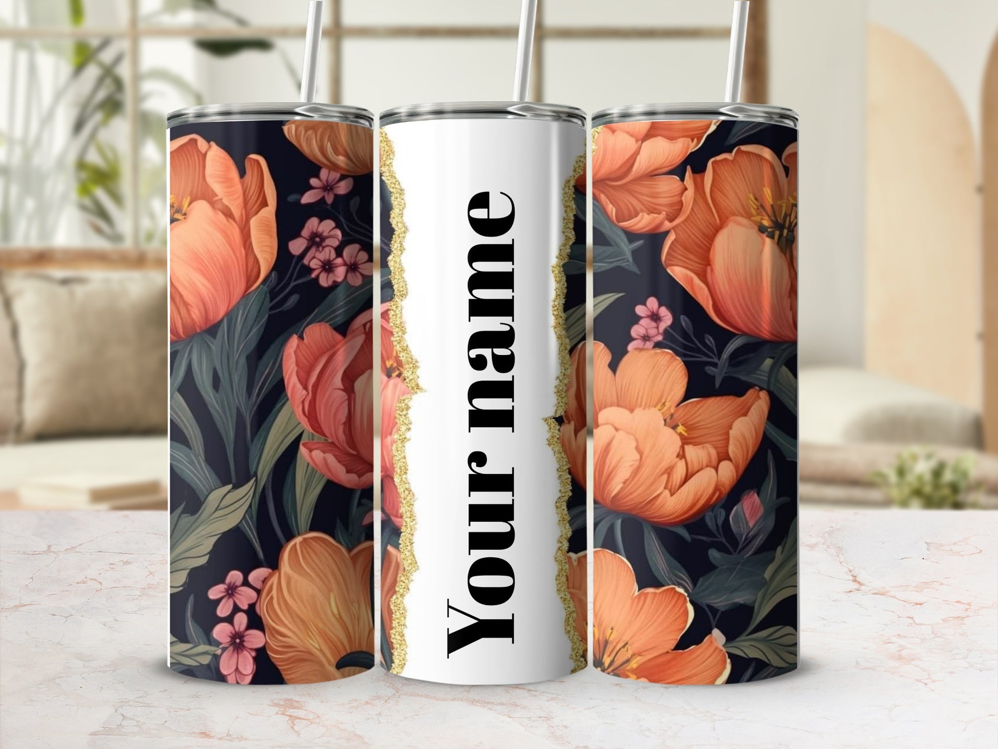 Personalized Floral Insulated Tumbler With Custom Name