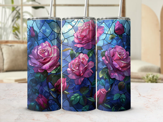Three tumblers with a stained-glass rose design.