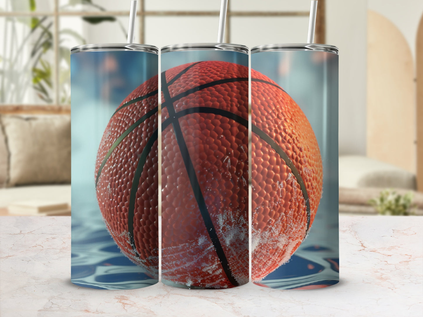 Basketball on water with condensation in a tumbler.