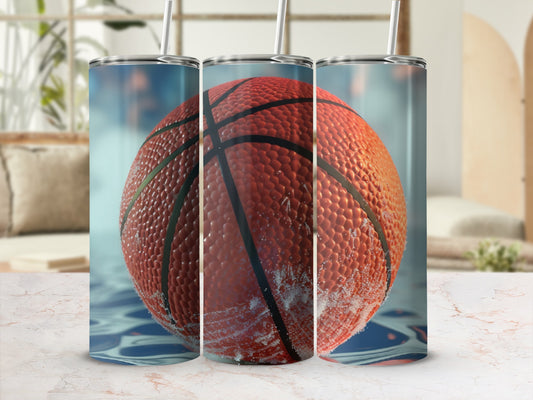 Basketball on water with condensation in a tumbler.